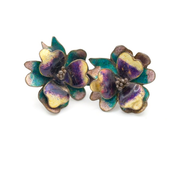 Vintage Enamel Figural Orchid Post Earrings STUNNING 🙌🏻✨⏰💭🤝⌛️ - Picture 2 of 9